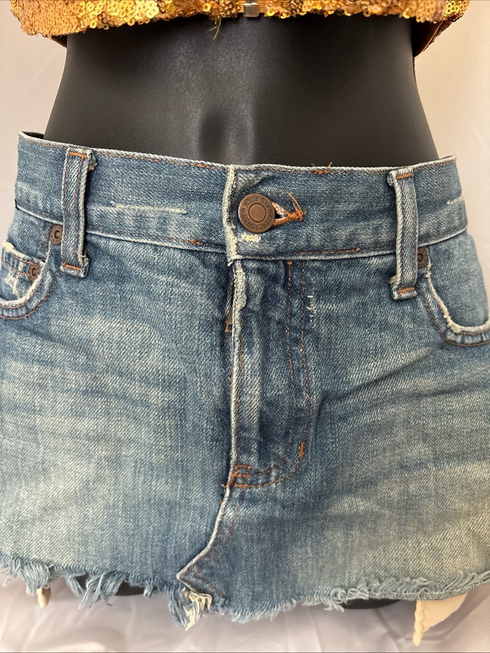Abercrombie & Fitch Light Blue Denim Mini Skirt with Frayed Hem